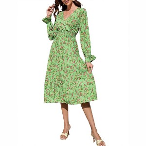 BLUEMING Womens V Neck Long Sleeve Peasant Dress Poet Sleeve Dress Surplice Shirred Waist Tiered Womens Fall Fashion, green - M - 1 of 4