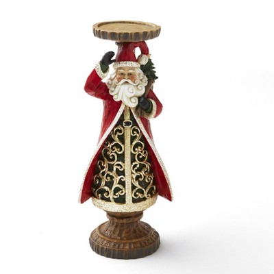 Lakeside Ceramic Holiday Santa Candle Holder with Wood Carved Looking Details