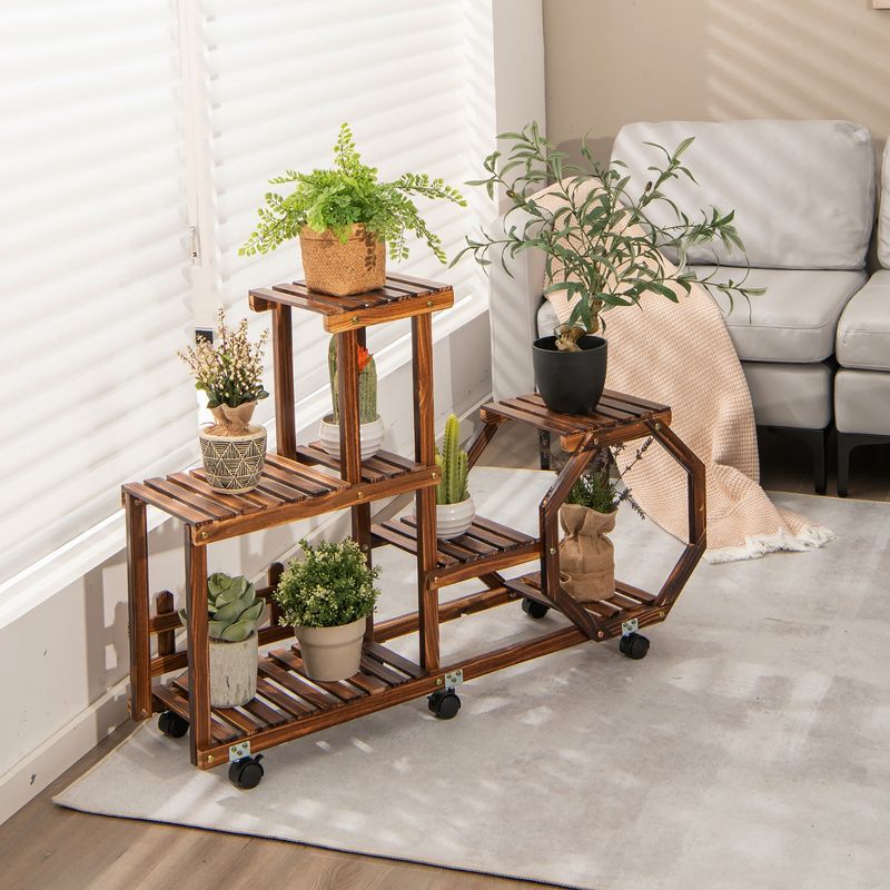 Costway 6-tier 8 Potted Rolling Plant Stand Wooden Storage Display Shelf Rack with Wheels, 3 of 9
