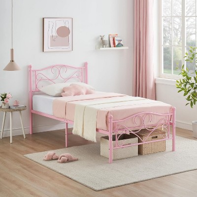 Twin Bed Frames, Twin Size Metal Platform Bed Frame with Curved Flower Headboard and Footboard, Under Bed Storage, No Box Spring Needed, White