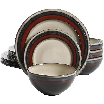 Gibson Elite Everston Complete 12 Piece Elegant Kitchen Stoneware Dinnerware Set with Multi Sized Plates and Bowls, Red/Gray