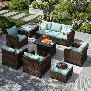 Captiva Designs 8pc Outdoor Patio Wicker Rattan Cushioned Fire Pit Set with Ottomans and Single Sofas - 1 of 4