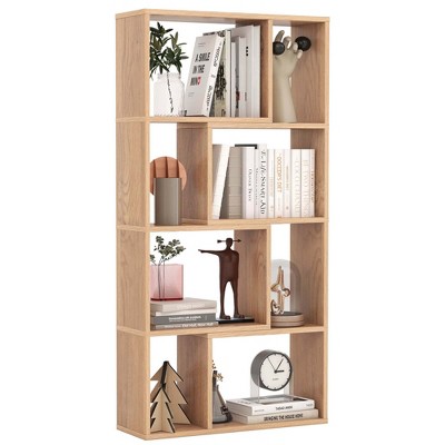 Costway 48" Geometric Bookshelf Open-back Bookcase with 8 Cubes 2 Anti-Toppling Devices White/Natural/Grey