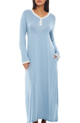 Image of ADR Women's Soft Knit Nightgown Long Sleep Shirt Full Length Henley Pajama Top with Pockets Faded Denim Large