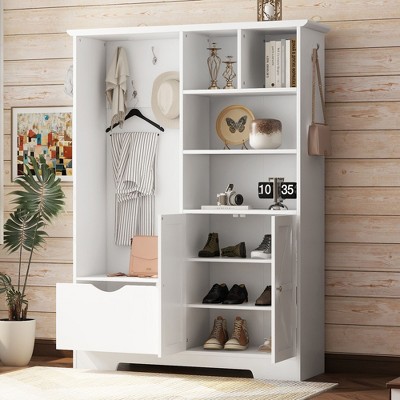 PAGED Freestanding Coat Racks with Bench and Shelves and Drawers,Hall Tree with 5 Hooks and Cabinet,Entryway Furniture for Hanging Clothes