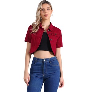 Allegra K Women's Turndown Collar Short Sleeves Crop Casual Jean Jacket - 1 of 4