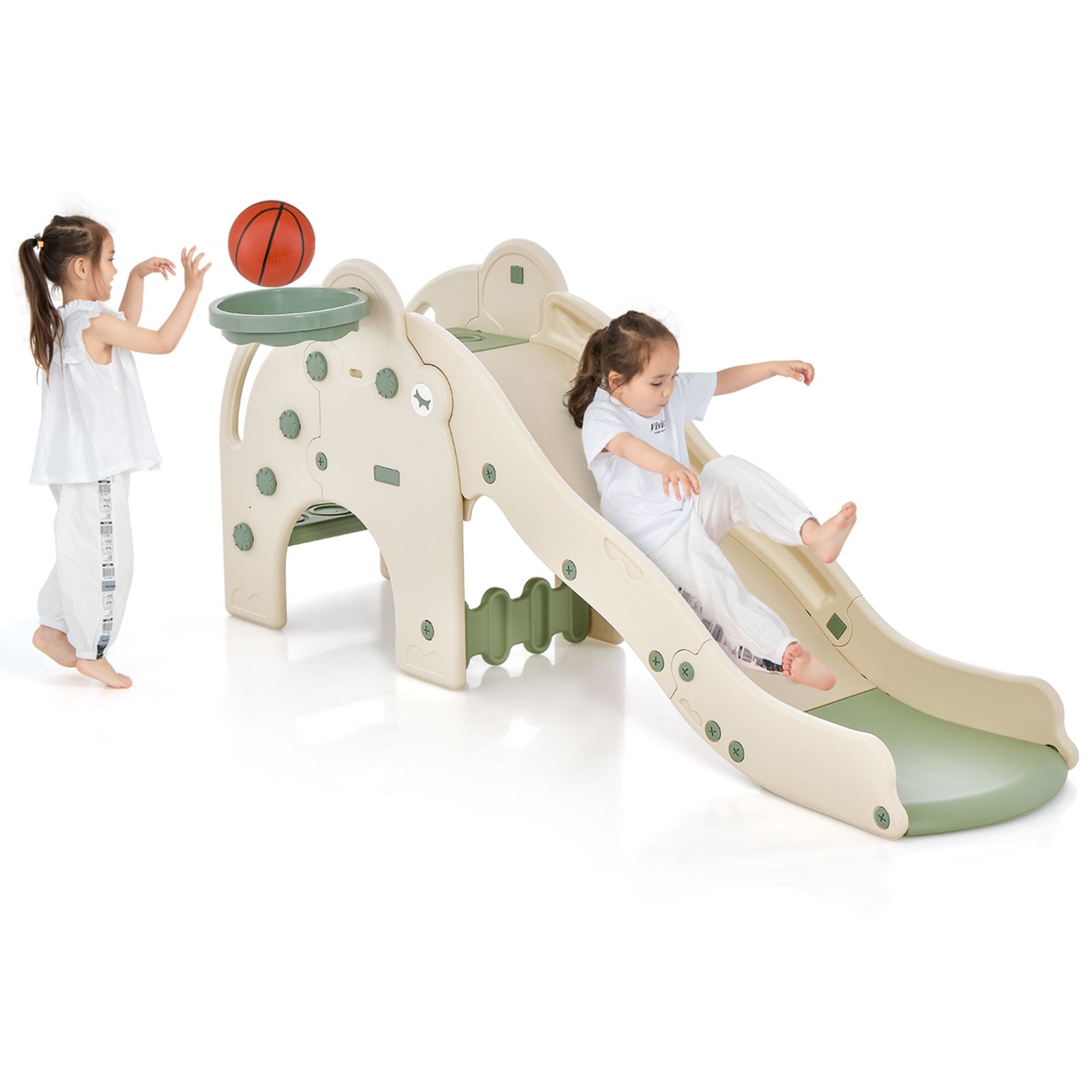 Costway 3-in-1 Toddler Slide with Buffer Zone Basketball Hoop & Ball Elephant Design