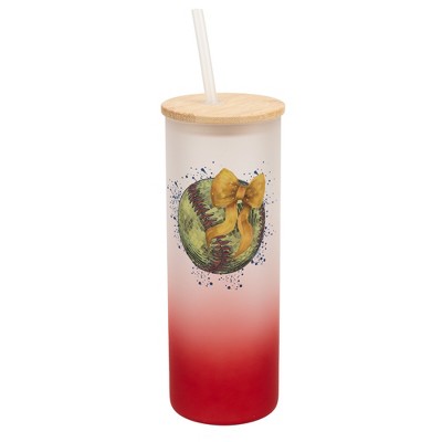 Elanze Designs 25 Ounce Frosted Glass Gradient Travel Tumbler With Straw and Wooden Lid, Softball With Gold Bow Red