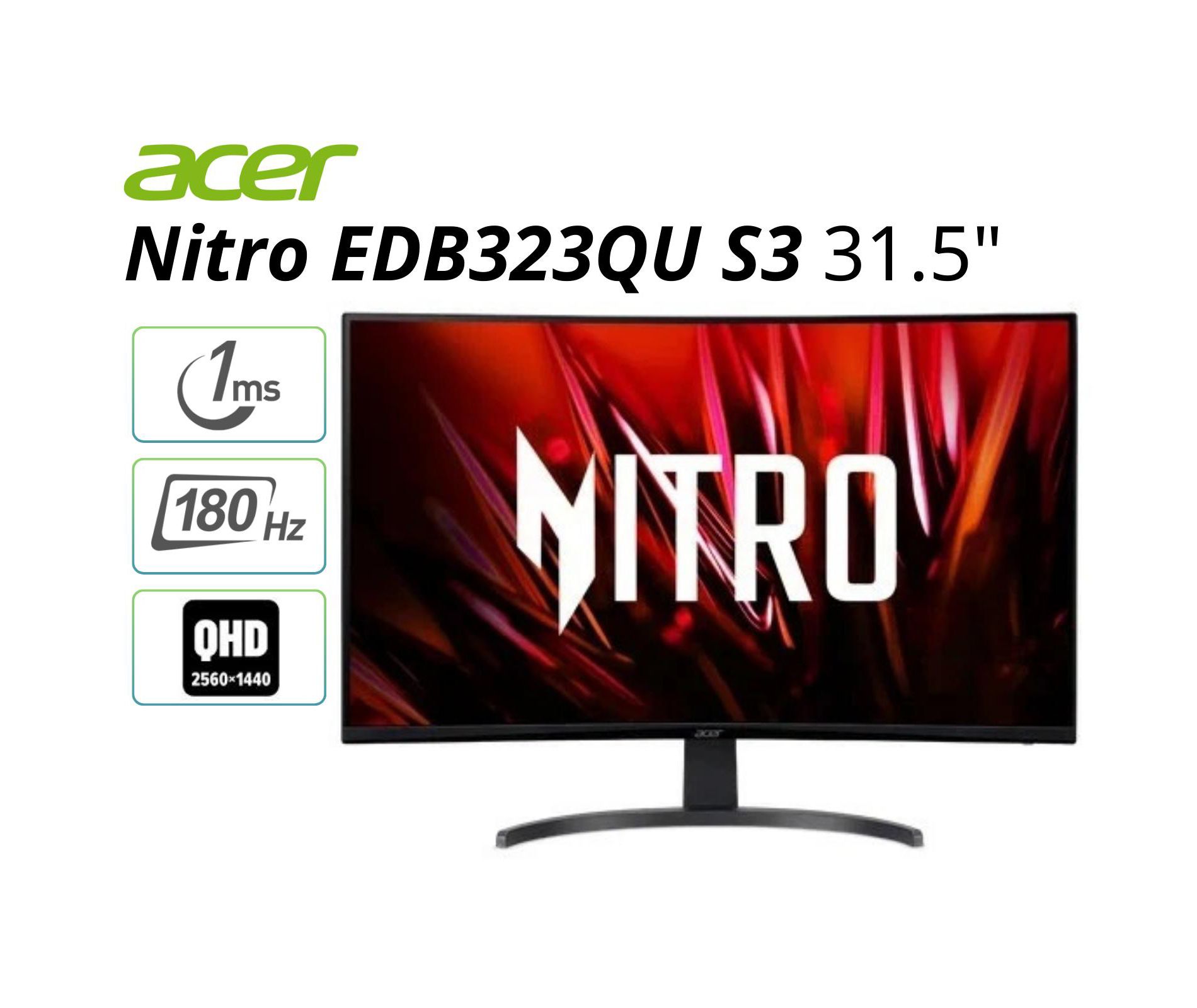Refurbished Acer Nitro 32" Class Gaming LCD Monitor 16:9 250 Nit 1 ms Speakers HDMI DisplayPort - Black - EDB323QU S3 - Manufacturer Refurbished