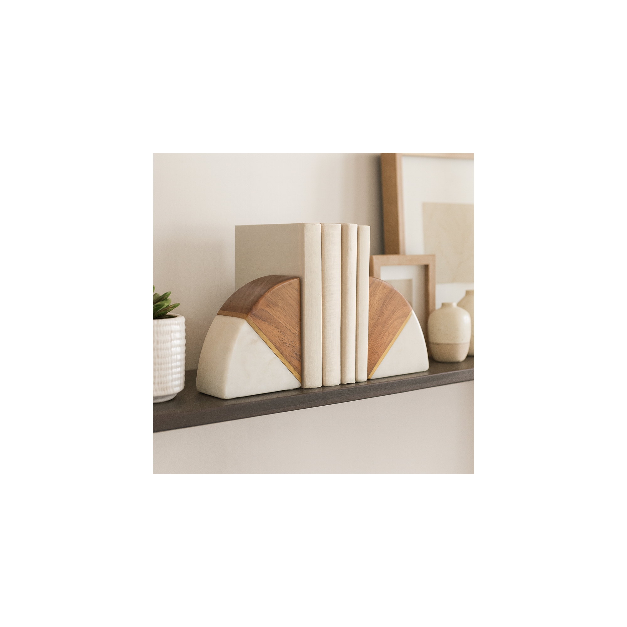 Stylish Curved Marble Book Ends with Wood Accent - Decorative Bookends for Office, Library, Desk, or Coffee Table - Set of 2, 5", White & Brown