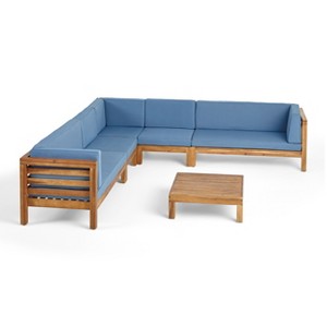 GDFStudio Cascada Outdoor Acacia Wood 7 Seater Sectional Sofa Chat Set with Cushions - 1 of 4
