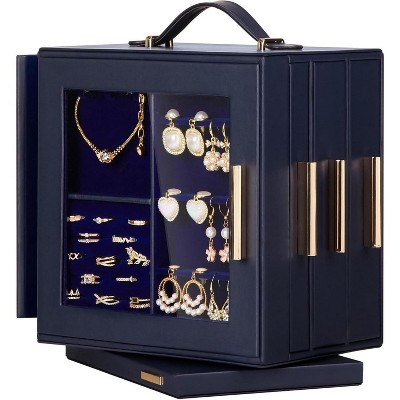 Jewelry Box 360° Rotating, Necklace Earring Organizer with Transparent Window, Mirror, 7 Drawers