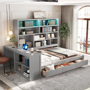 TIRAMISUBEST Full Size Wooden Daybed w/ Desk, All-in-One Storage Platform Bed Frame w/ Drawers, Shelves and Lights - 1 of 4