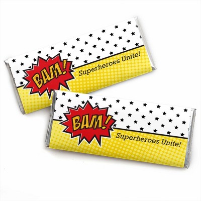 Big Dot of Happiness Bam Superhero - Candy Bar Wrappers Baby Shower or Birthday Party Favors - Set of 24