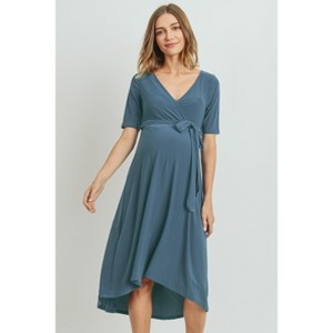 Hello Miz Women's Hi-Low Short Sleeve V Neck Maternity Wrap Dress with Belt - 1 of 4
