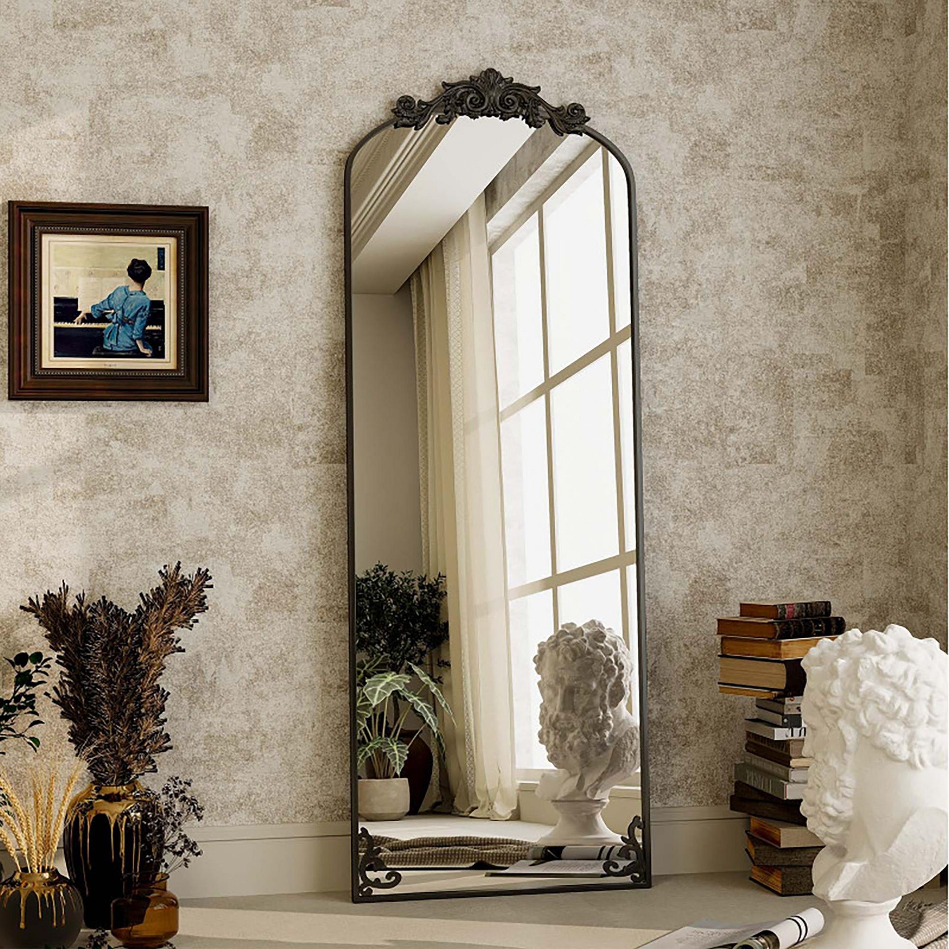 Vintage Arch Full-Length Mirror with Flower Decor, 21"×64" Alloy Frame , HD Reflection-Retro Artistic Design for Living Room & Bedroom