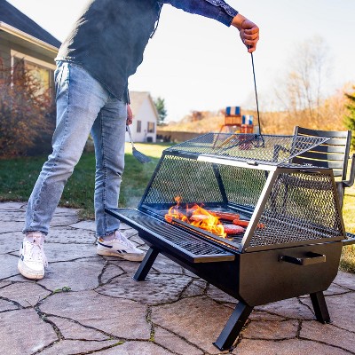 Black Steel Outdoor Fire Pit with Grill and Spark Screen