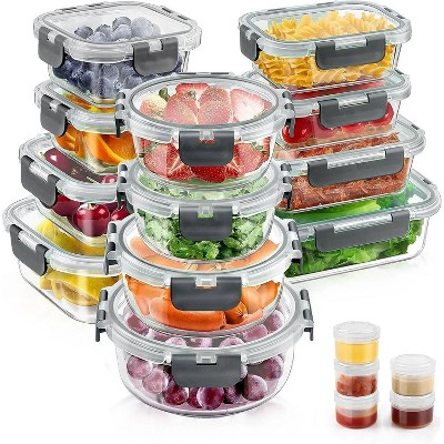 LunaLulinlk 34pcs Glass Food Storage Containers with Lids Set, Airtight Meal Prep Containers (17 Containers & 17 Lids), Gray