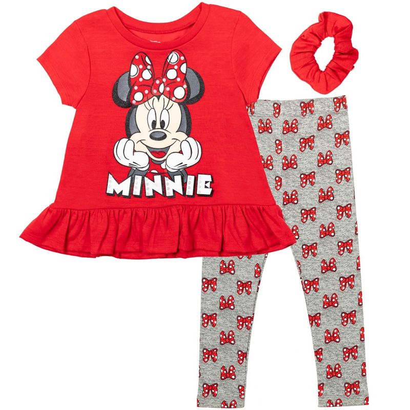 Disney Minnie Mouse Princess Frozen Little Mermaid T-Shirt Leggings and Scrunchie 3 Piece Outfit Set Infant to Big Kid, 1 of 8