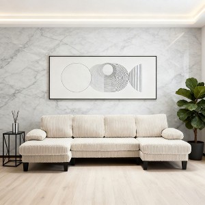 Homy Casa L-Shaped Corduroy Sectional Sofa with Reversible Chaise and Padded Cushions for Living Room or Apartment, Beige - 1 of 4