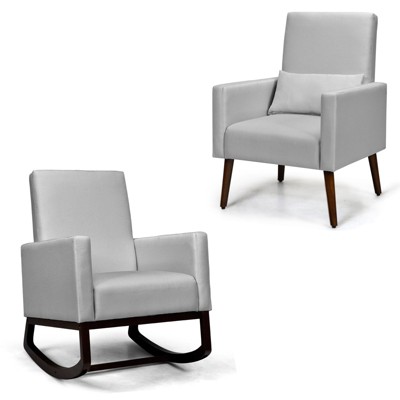 Tangkula Set of 2 Dual-use Upholstered Rocking Chair with Wood Leg & Pillow Relax Sofa Chair Beige/Dark Gray/Light Gray