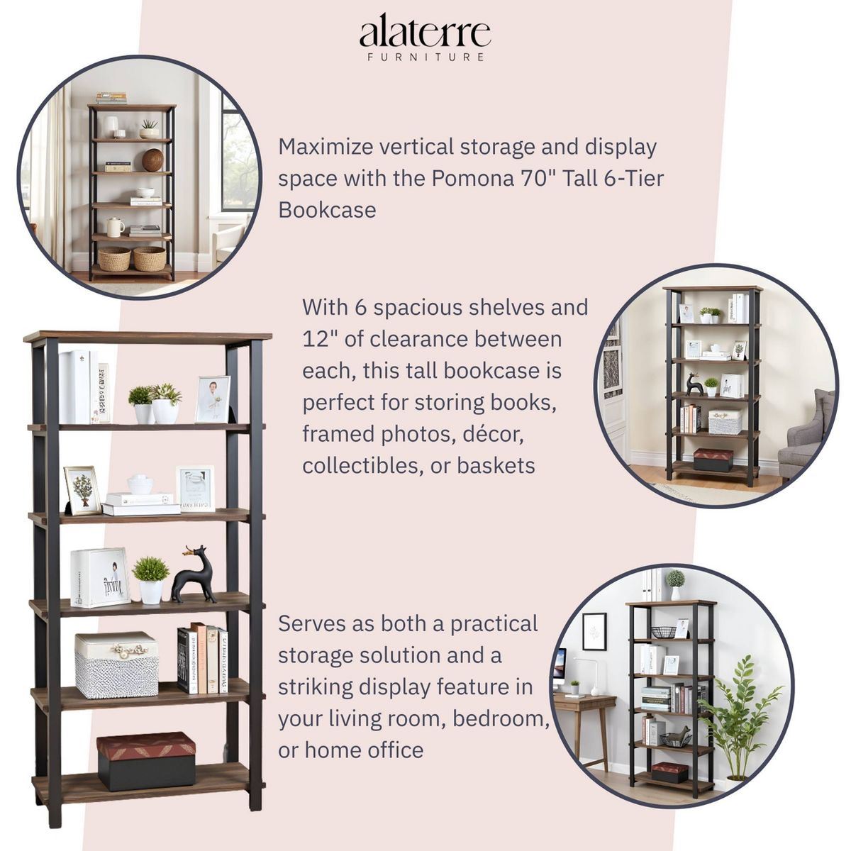 70" Pomona 5 Shelf Bookshelf Metal and Solid Wood Natural - Alaterre Furniture - thumbnail 3