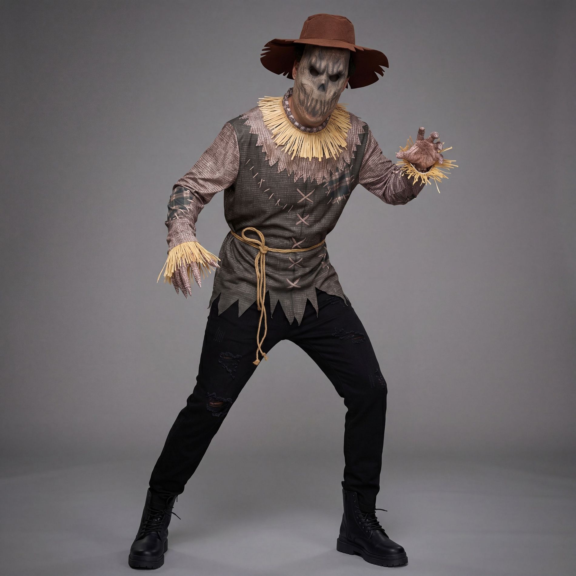 Joyfy Halloween Men' Scary Scarecrow Costume, Mens Halloween Costum, Adult Harvest Suit with Hat, Mask, Gloves & Rope for Halloween Dress Up Party