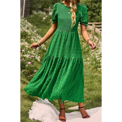 Women's Summer Crew Neck Short Sleeve Smocked Midi Dress Casual Elastic Waist Tiered A Line Flowy Maxi Dress