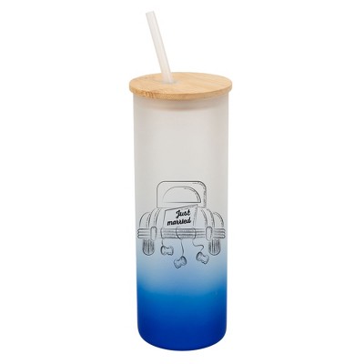 Elanze Designs Just Married Vintage Car Wrap-Around Design 25 Ounce Frosted Gradient Glass On-The-Go Coffee Travel Skinny Tumbler Mug Cup, Bamboo Lid