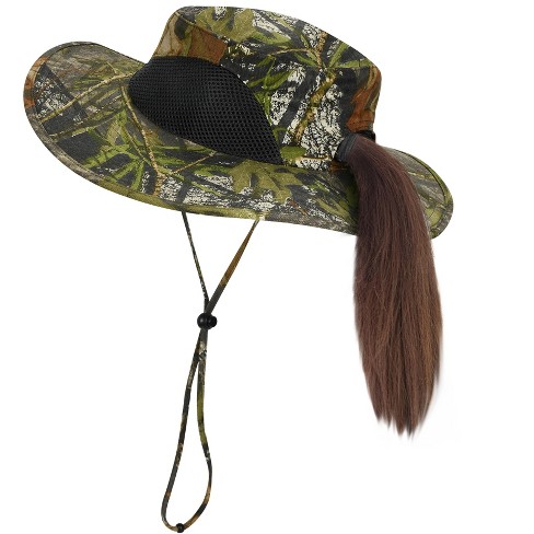 Tirrinia Womens Ponytail Safari Sun Hat, UPF 50+ Sun Protection Packable  Hat for Hunting Hiking, Woodland Camo