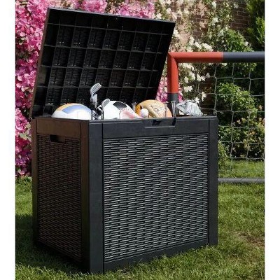 Dolonm 30 Gallon Deck Box, Outdoor Storage Box, with Lockable Lid & Woodgrain Design - All-Weather Resistant,Black
