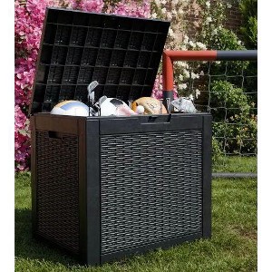 Dolonm 30 Gallon Deck Box, Outdoor Storage Box, with Lockable Lid & Woodgrain Design - All-Weather Resistant,Black - 1 of 1
