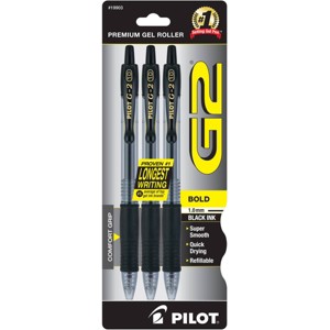 Pilot 3ct G2 Gel Pens Bold Point 1.0mm Black Ink: Retractable, Rubber Grip, Office Stationery, Art Supplies - 1 of 4