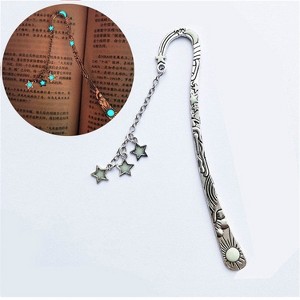 Luminous Sun Moon Star Bookmark Retro Pentagram Glowing Metal Bookmark(Ancient Silver Stars) - 1 of 4
