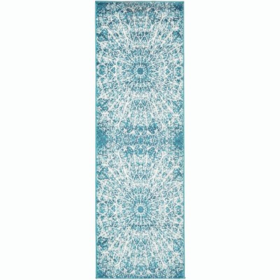 Turquoise and White Synthetic Reversible Runner Rug
