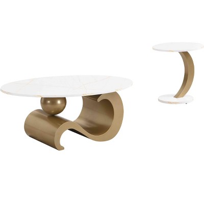 Vynxaria Series 40 in. Golden Oval and Round Faux Marble End Table with 2-Piece Set