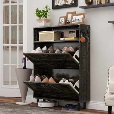 ROOMTEC Farmhouse Shoe Storage Cabinet with Barn Door Design, Freestanding Narrow Shoe Rack Organizer with 2 Flip Drawers for Entryway, Hallway