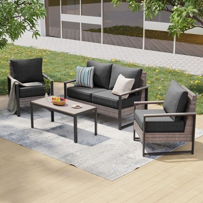 Sonkuki Outdoor Furniture Set Patio Conversation Sofa with Coffee Table Set, All-Weather PE Rattan Couch with Cushion