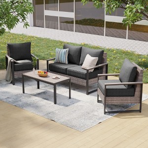 Sonkuki Outdoor Furniture Set Patio Conversation Sofa with Coffee Table Set, All-Weather PE Rattan Couch with Cushion - 1 of 4