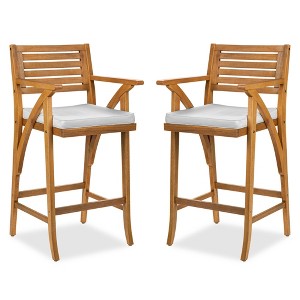 Best Choice Products Set of 2 Outdoor Acacia Wood Bar Stools Bar Chairs w/ Weather-Resistant Cushions - Teak Finish - 1 of 4
