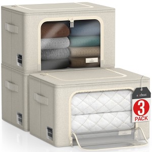 Sorbus 3 Pack Medium Foldable Storage Box - Metal Frame, Oxford Fabric, Large Window & Handles - Organization for Bedroom, Linens & Clothes (Beige) - 1 of 4