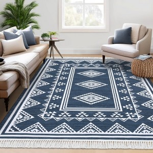 Indoor Modern Stripe Fringed Carpet Retro Soft Low Pile Machine Washable Non Slip Easy Care Lightweight Foldable Area Rugs Room Decor - 1 of 4