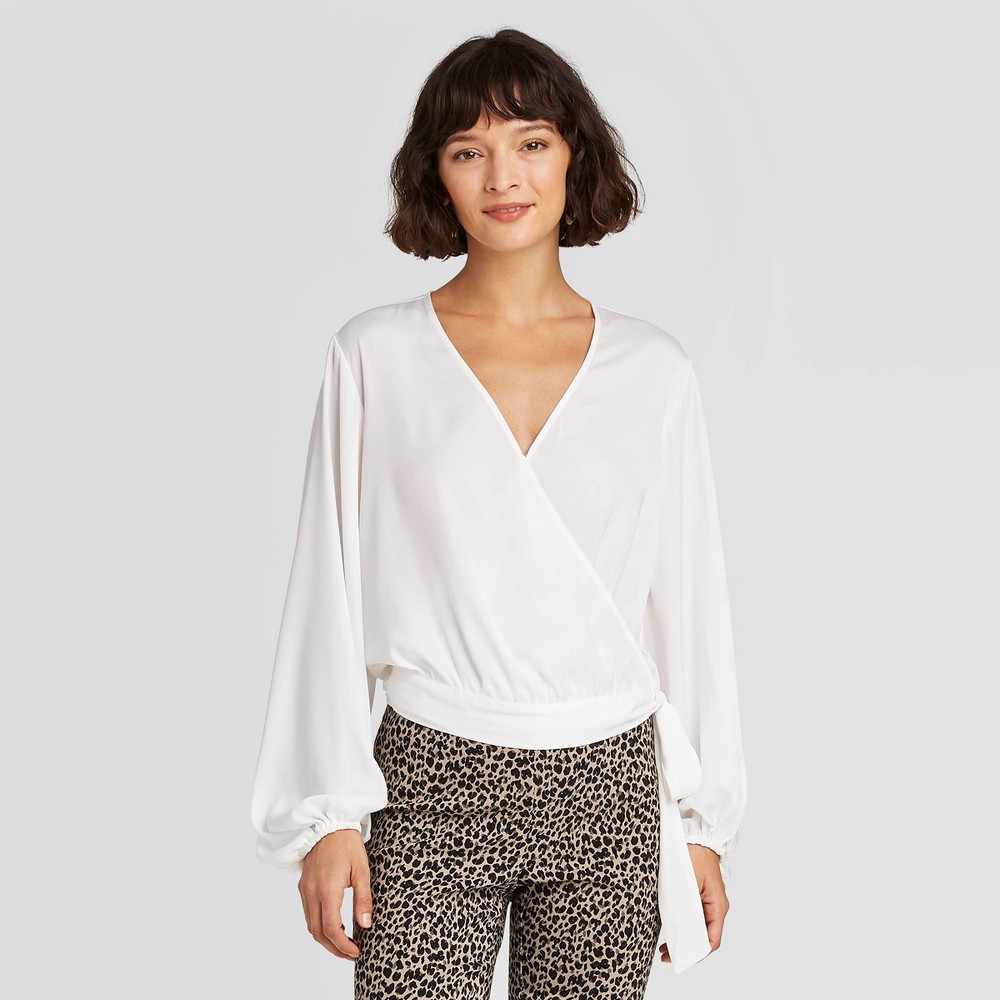 Women's Balloon Long Sleeve Wrap Top - A New Day White XL was $24.99 now $17.49 (30.0% off)