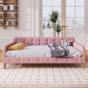 1pc Upholstered Daybed Frame, Linen Fabric Couch Bed with Armrests and Support Legs, No Box Spring Needed - Baofuwish - 1 of 4