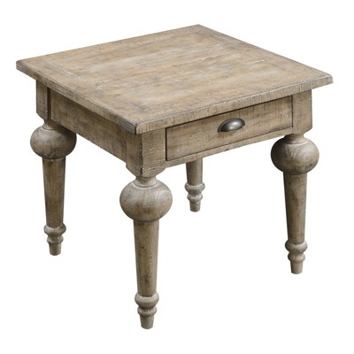 24" Square End Table with One Drawer Plank-Style Top And Turned Legs in Brown - Wallace & Bay