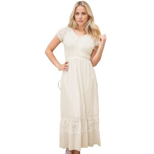 Anna-Kaci Women's Boho Inspired Lace Cap Sleeve Lace Trim Ruffle Flared Hem Maxi  Dress - 1 of 4