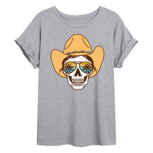 Women's - Instant Message - Beach Cowgirl Skull Oversized Graphic T-Shirt - 1 of 4