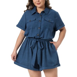 Women's Plus Size Lapel Collared Roll Short Sleeve Belted Button Down Casual Short Jumpsuits with Pockets - Agnes Orinda - 1 of 4