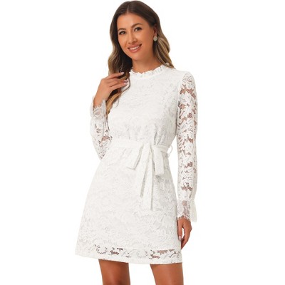Allegra K Women's Elegant Ruffle Crew Neck Formal Elegant Mini Floral Lace Dress