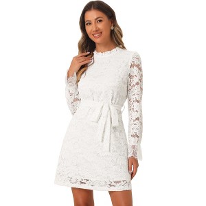 Allegra K Women's Elegant Ruffle Crew Neck Formal Elegant Mini Floral Lace Dress - 1 of 4